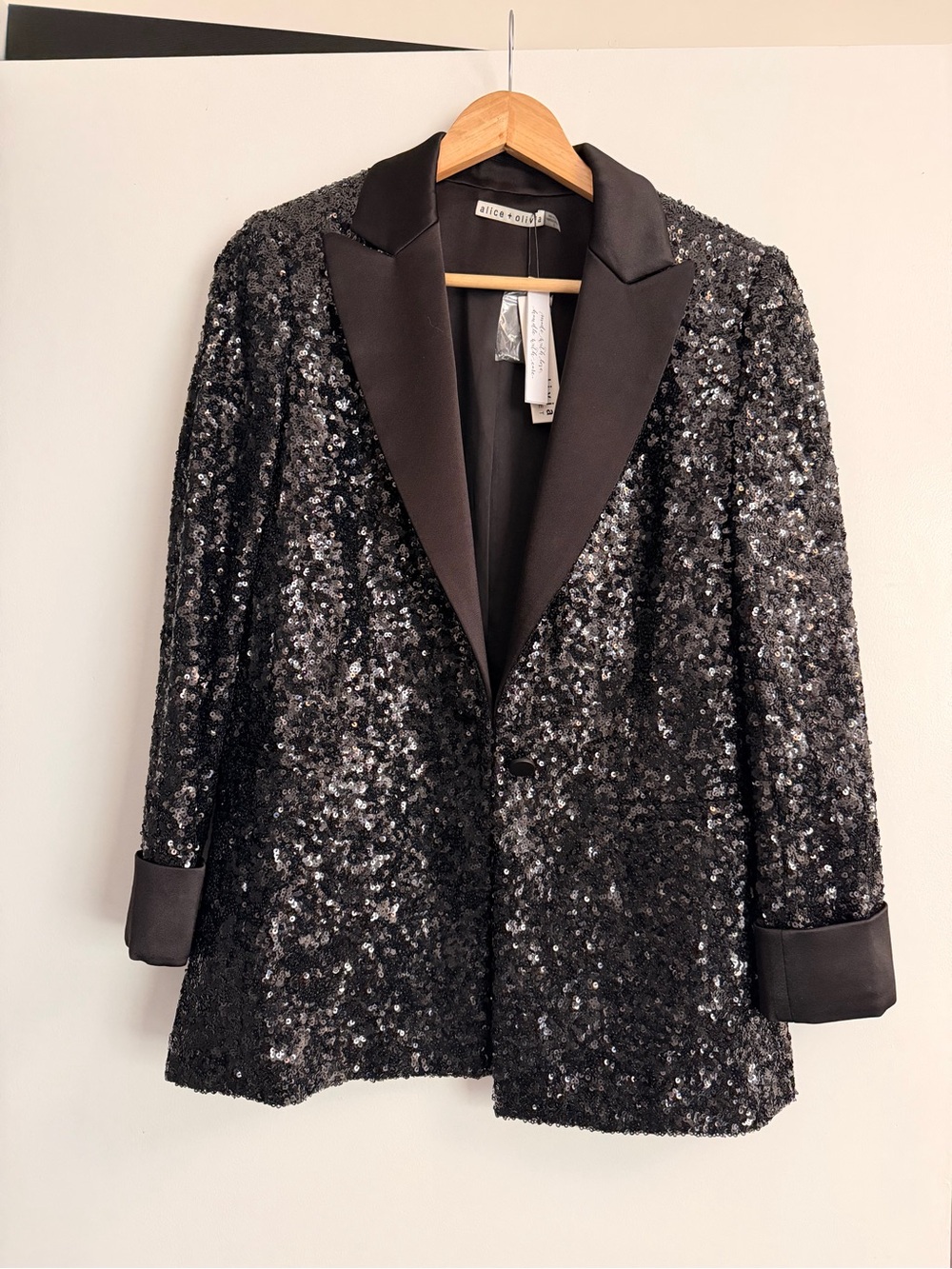 Alice + Olivia Black Sequin Satin-Lapel Blazer